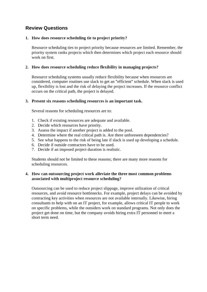 Resource Scheduling in Project Management - Key Questions