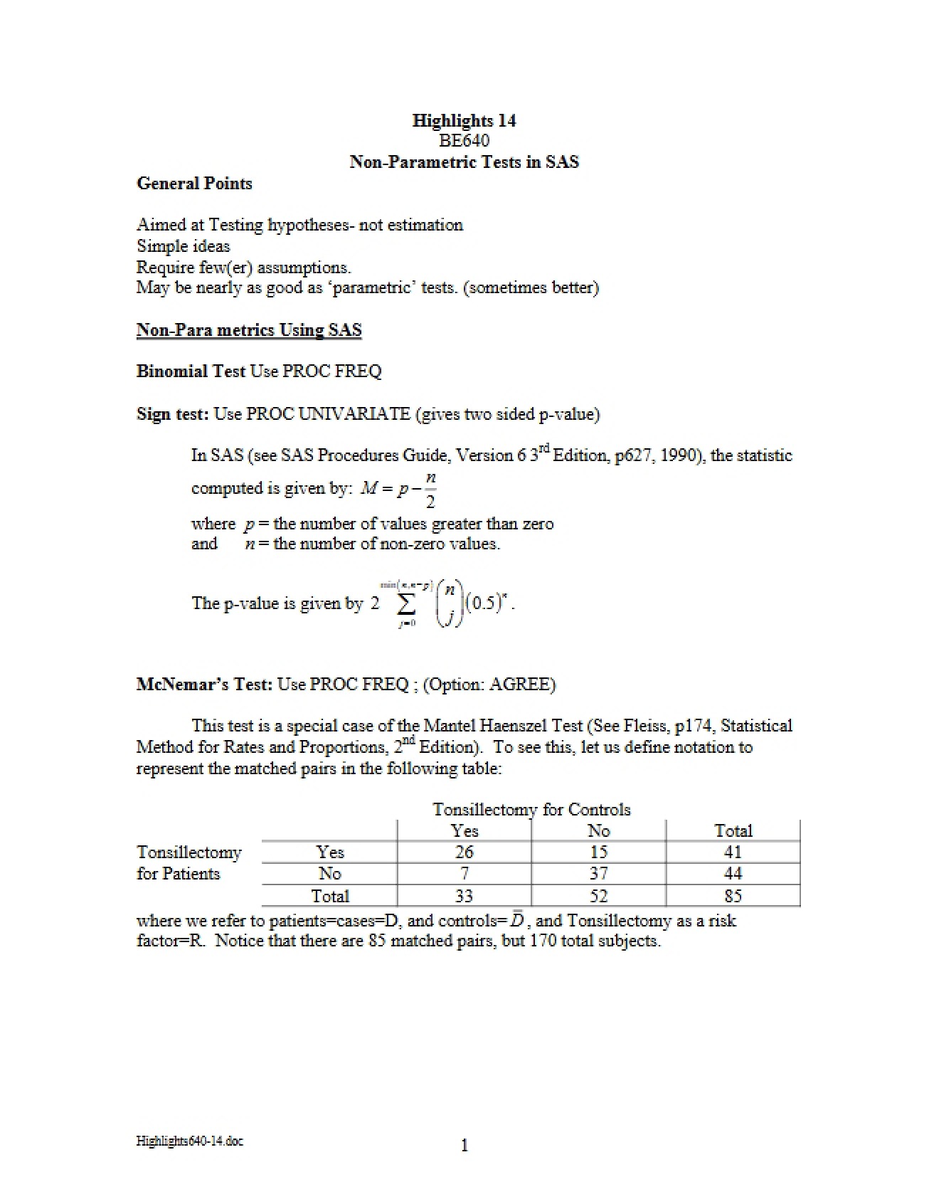 SAS Non-Parametric Testing