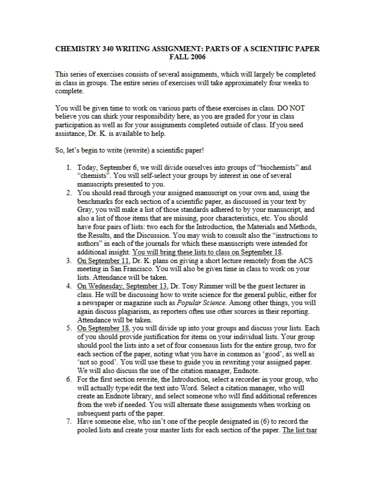 Writing Assignment for Chemistry 340