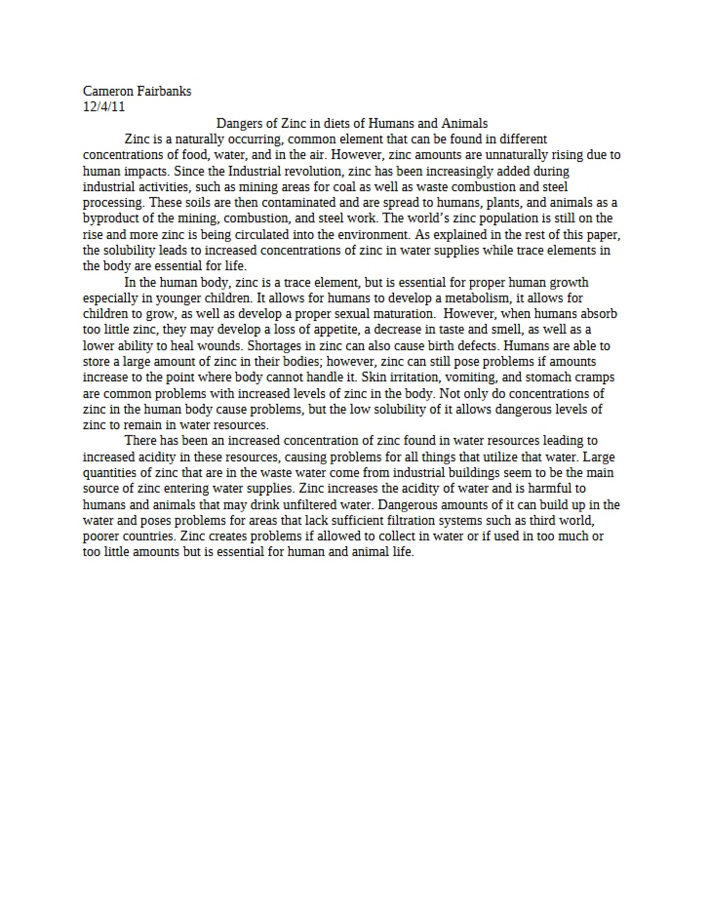 Zinc Dangers in HumanAnimal Diets