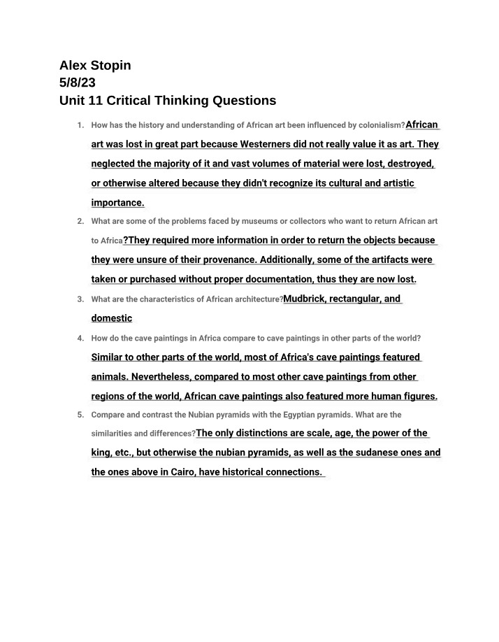 Critical Thinking Questions - Unit 11