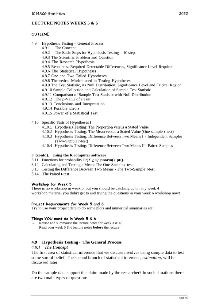 General Process and Specific Tests for Hypothesis Testing
