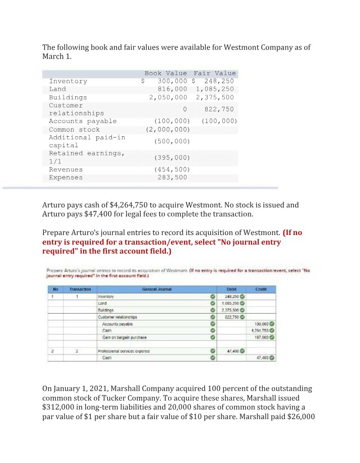 Westmont Company Acquisition - Journal Entries and Fair Value