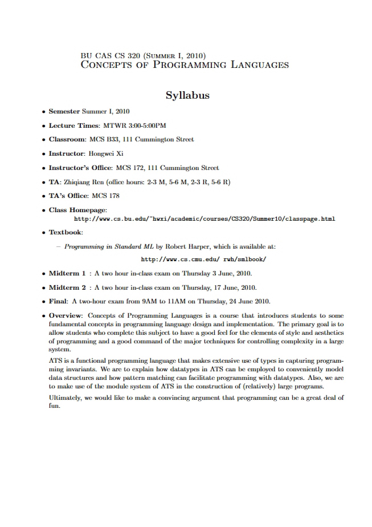 Syllabus for Survey of Computer Languages