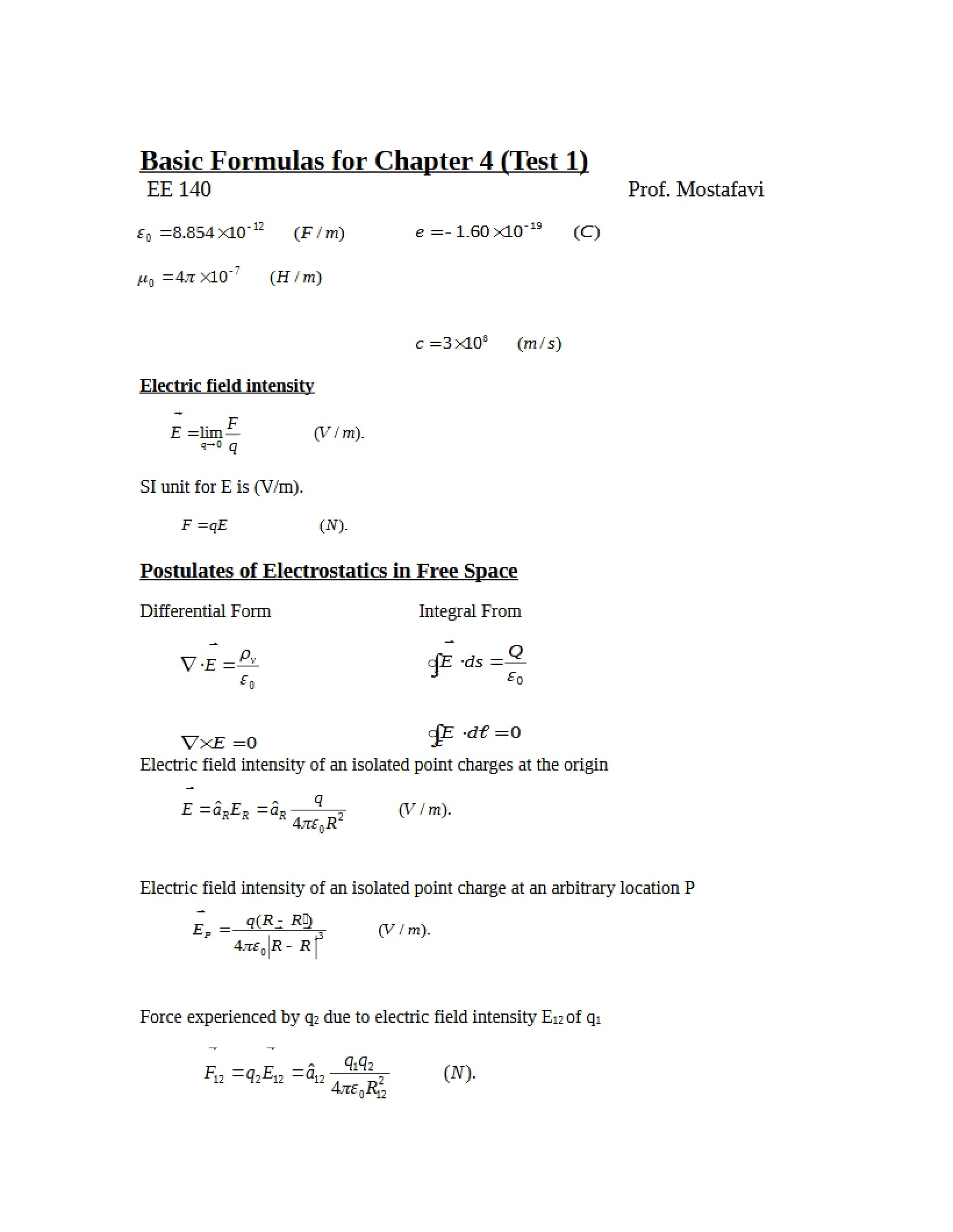 Test 1 Formulas Chapter 4