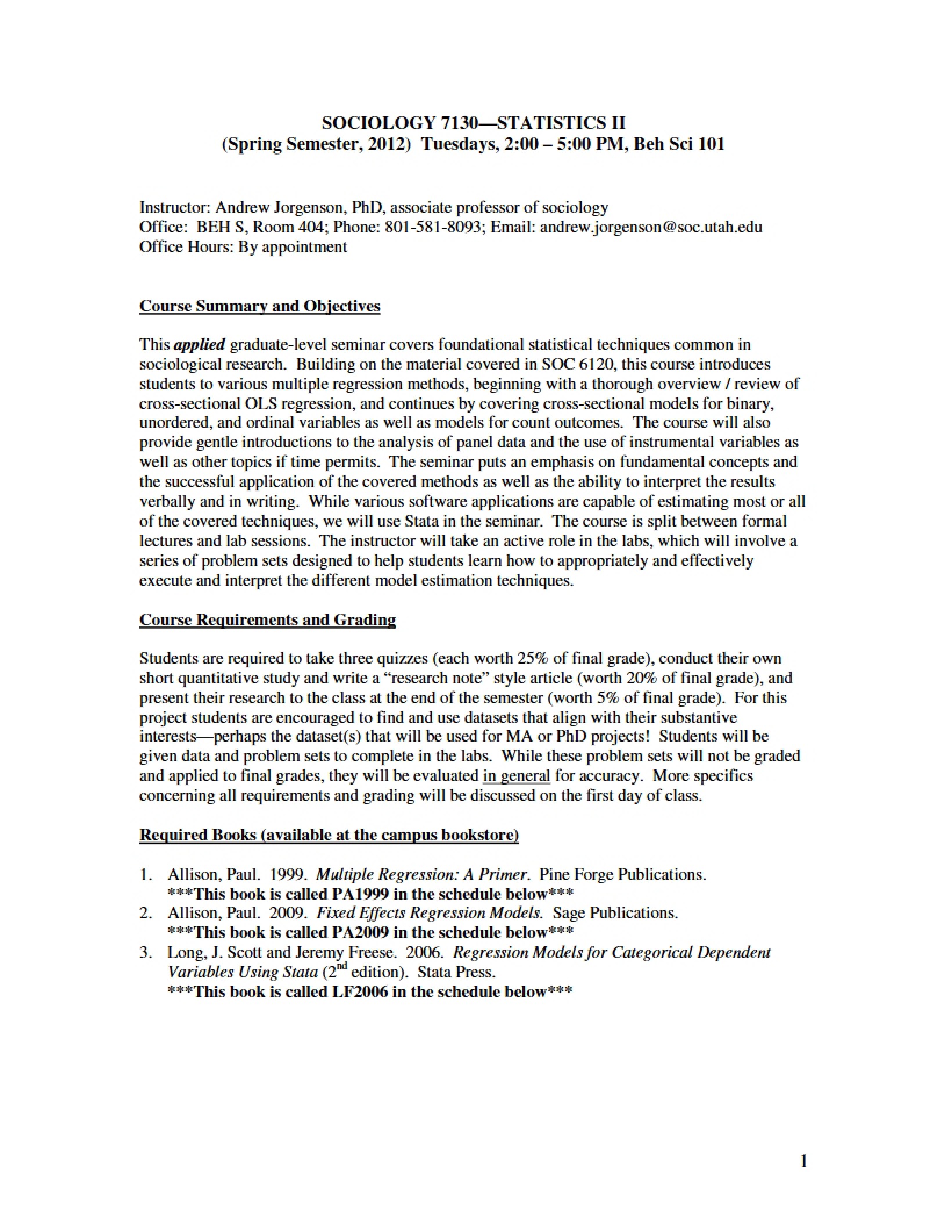 Syllabus Statistics Two