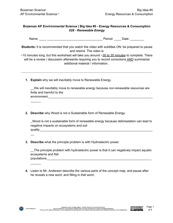 Worksheet on Renewable Energy Resources and Consumption