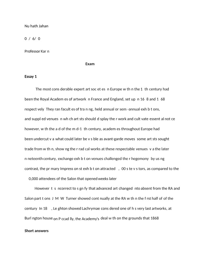 Exam - 19th Century European Avant-Garde Movements