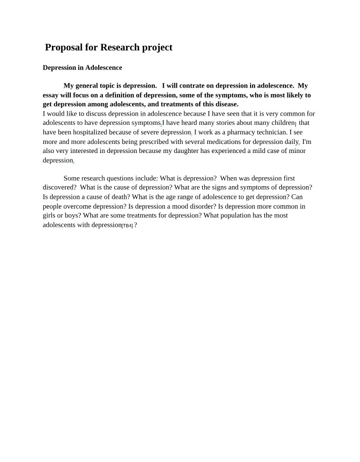 Research Project Proposal - Depression in Adolescence