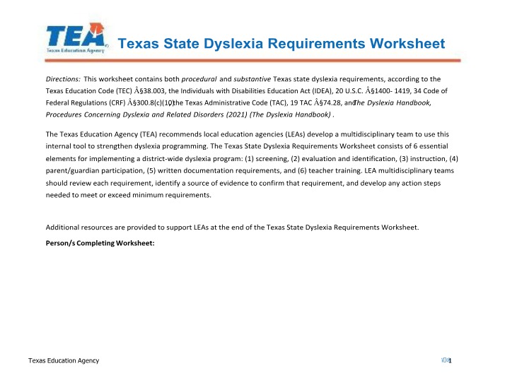 Worksheet - Texas State Dyslexia Requirements