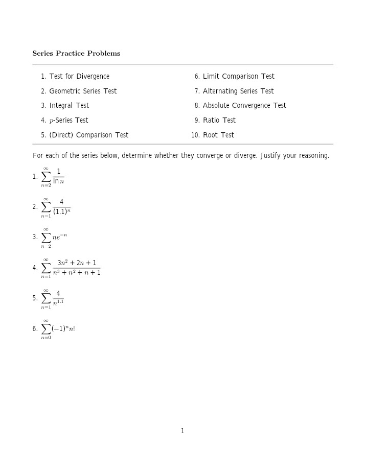 Practice Problems for Series Convergence and Divergence