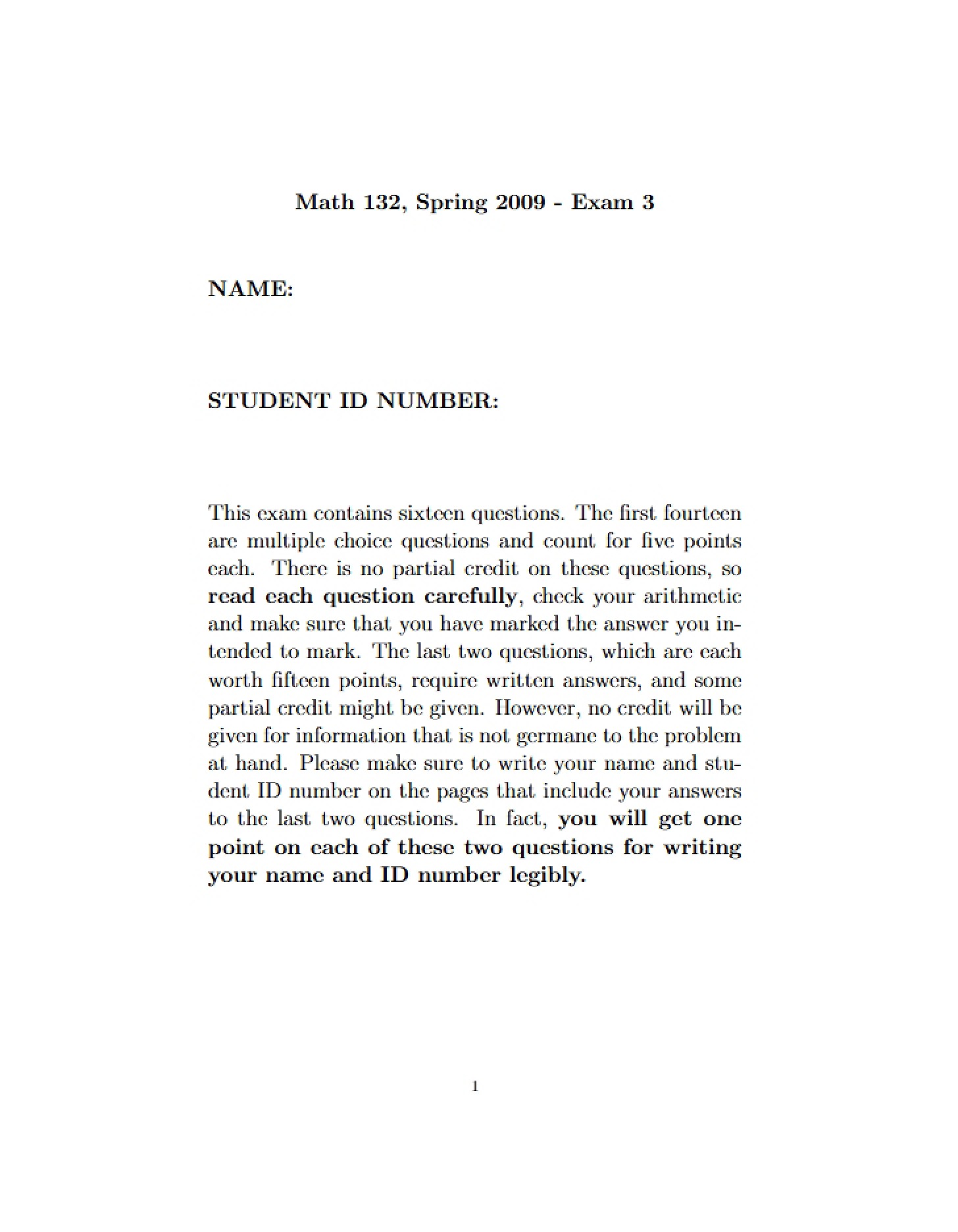 Exam 3 Questions (Spring 2009) - MATH 132