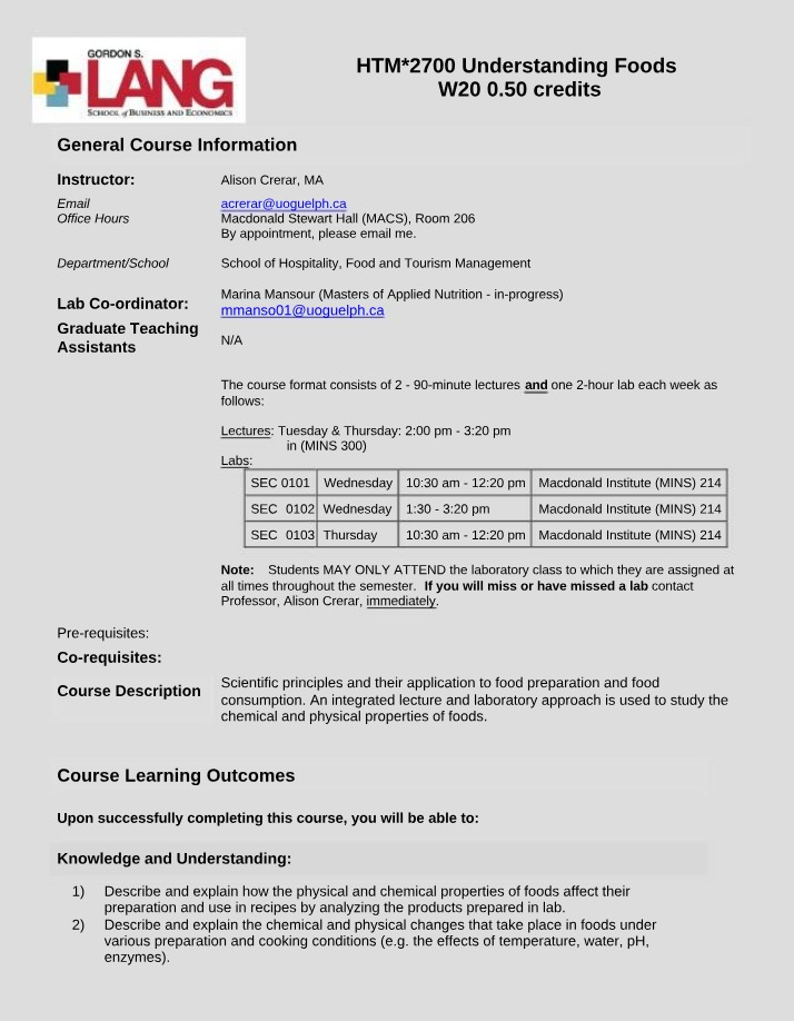 Syllabus for Understanding Foods