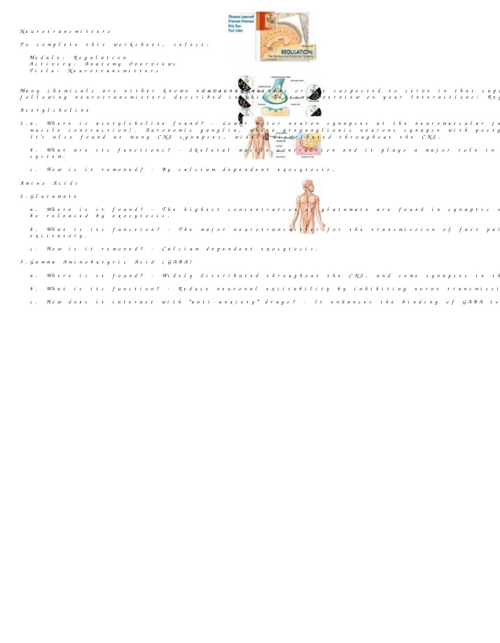 Worksheet on Neurotransmitters