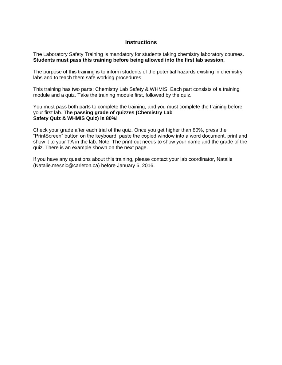Instructions for Chemistry Lab Safety & WHMIS Training