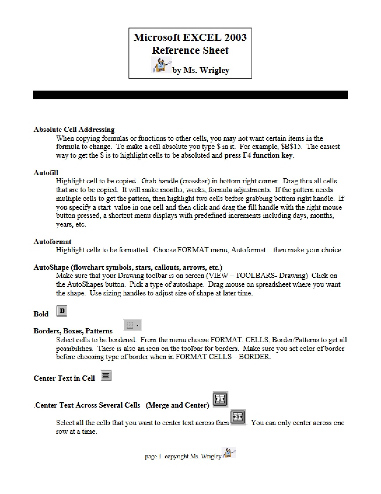 Reference Guide for Excel