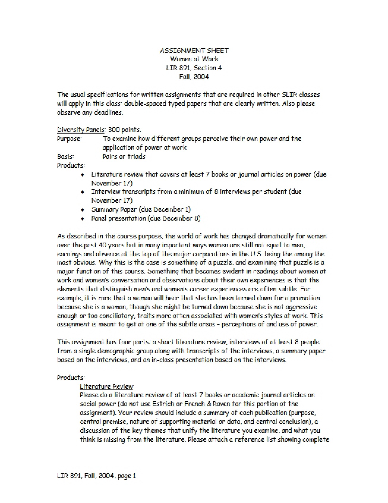 Women at Work II Assignment Sheet