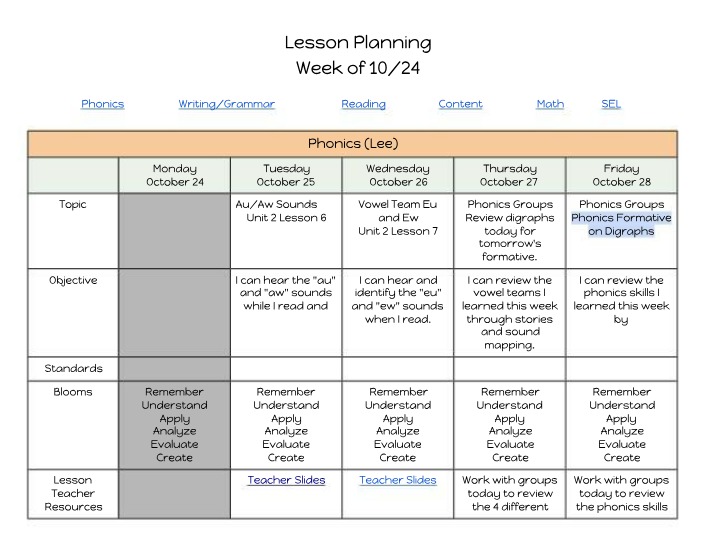 Week of 10-24 Lesson Plan - Phonics, Writing, Reading, and Math