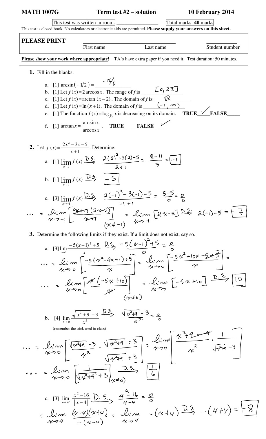 Term Test 2 Solution - MATH 1007G