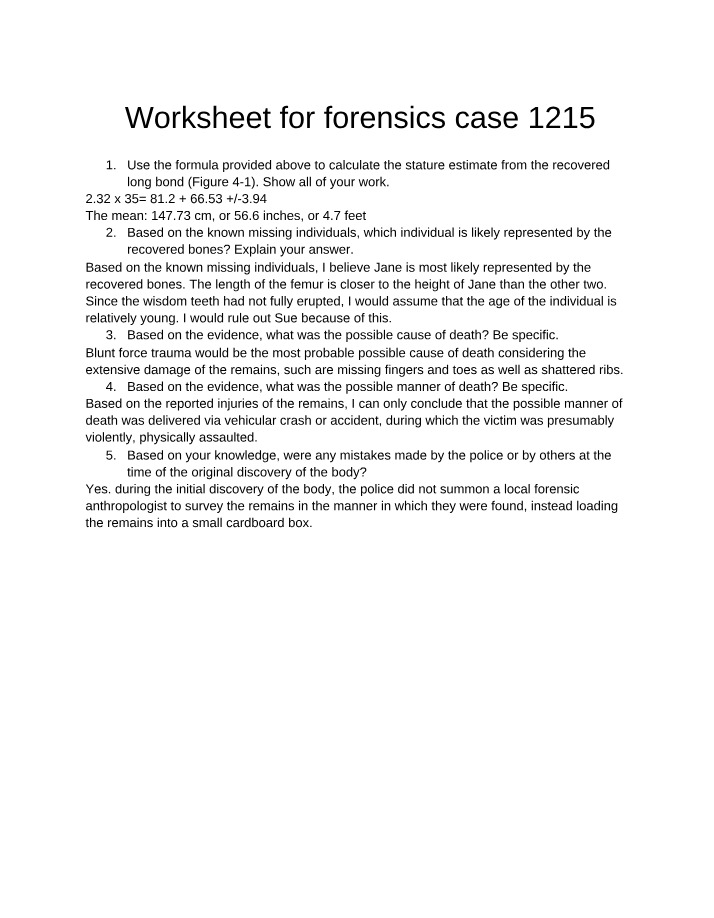 Forensics Case 1215 - Stature Estimate Calculation