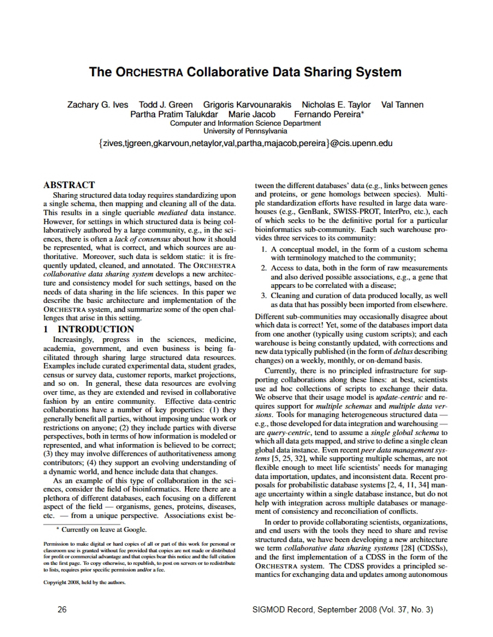 ORCHESTRA System for Collaborative Data Sharing
