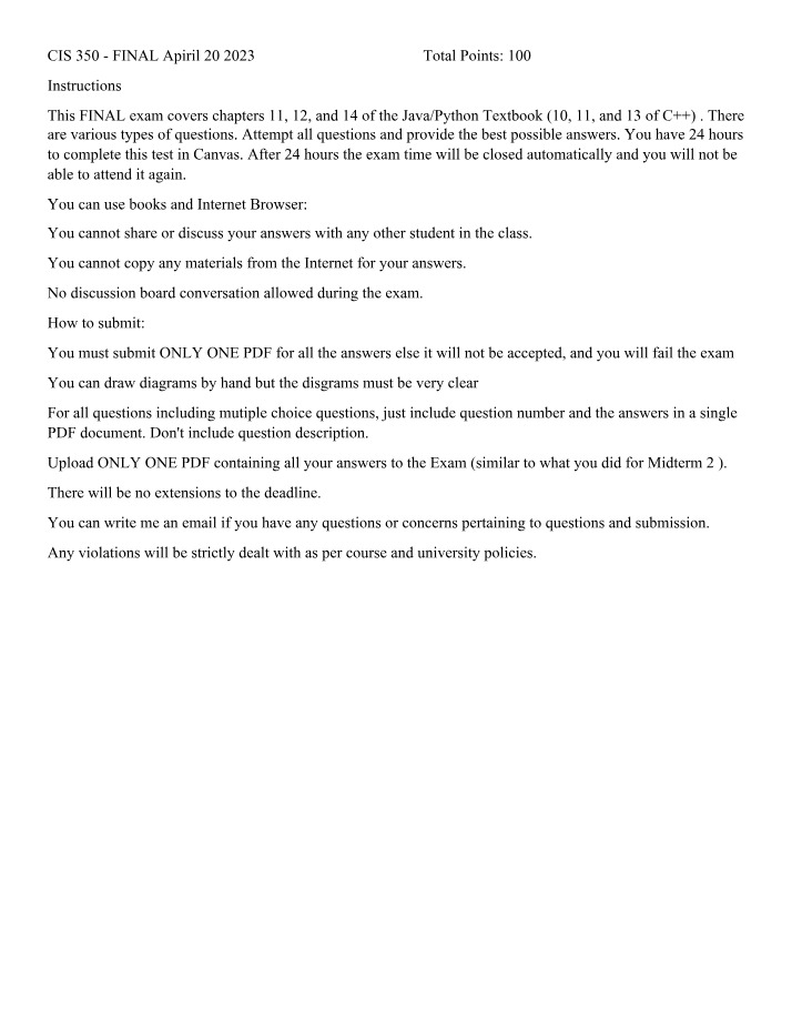 Final Exam - CIS 350 (April 20 2023)