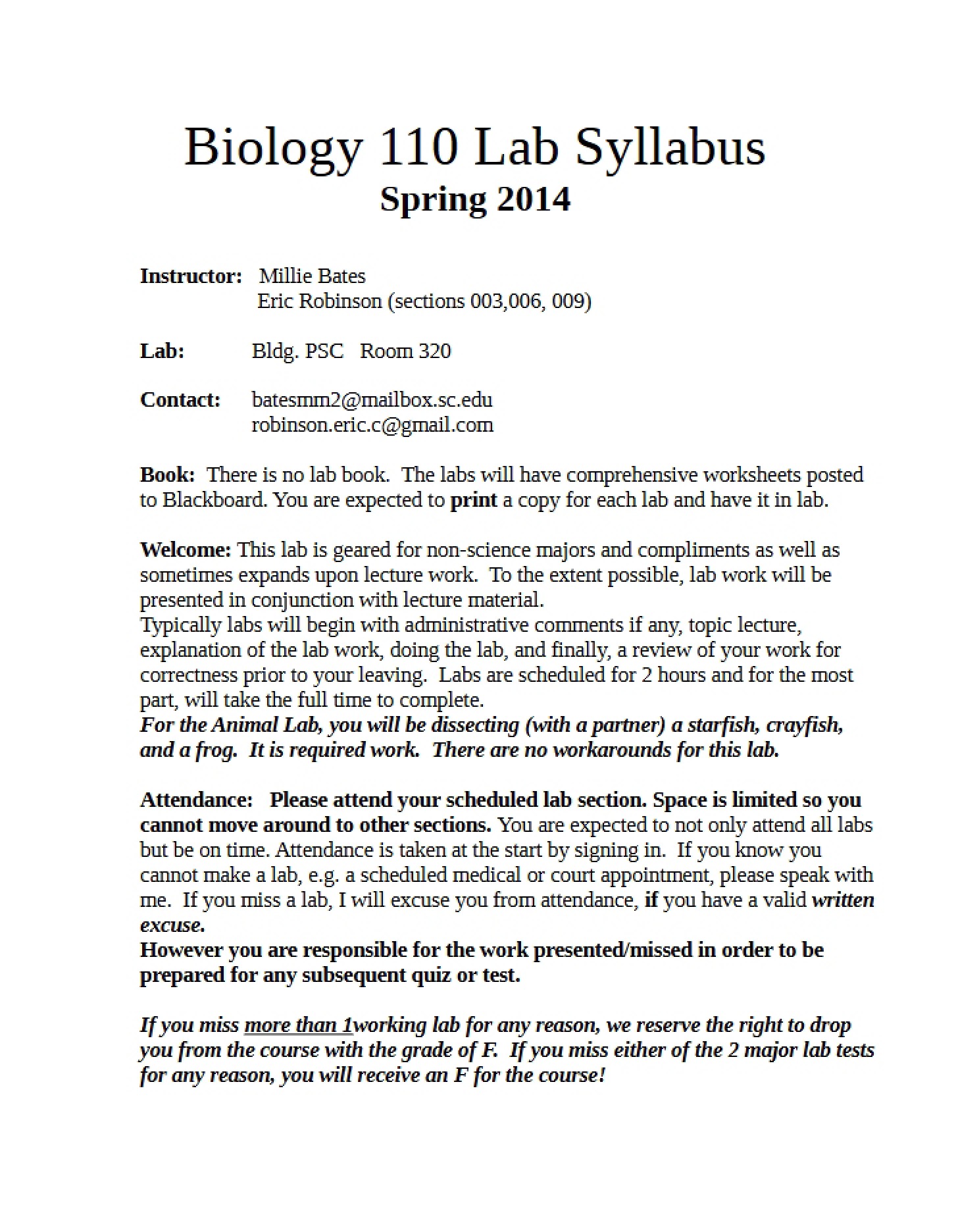 Revised Syllabus Biology 110 Lab (S14)