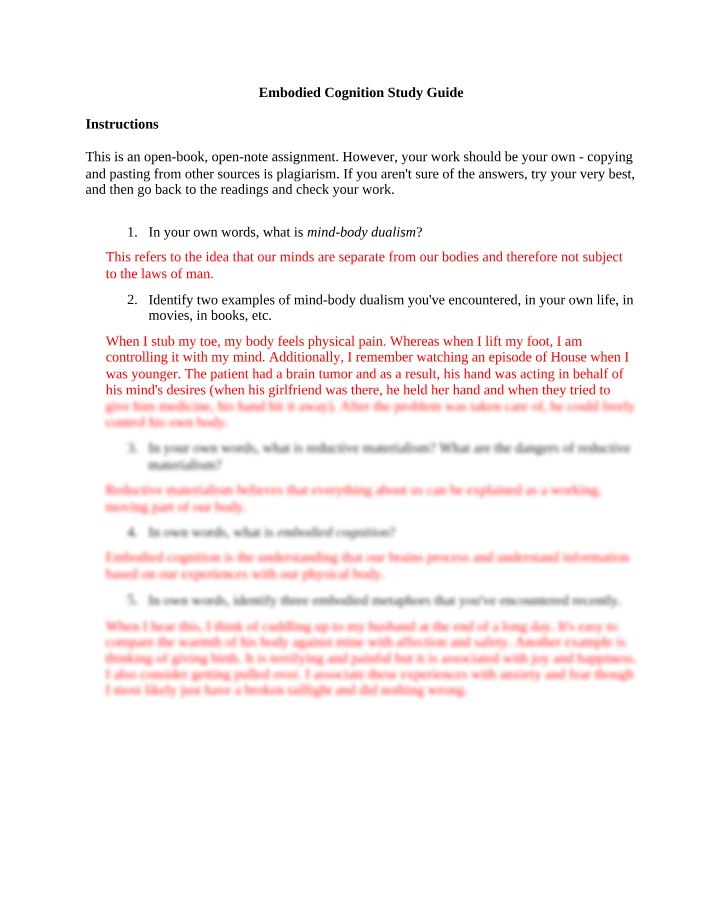 Study Guide for Embodied Cognition