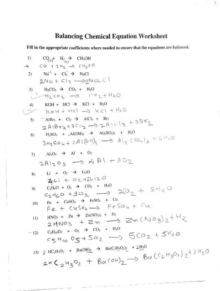 Balancing Chemical Equations - Worksheet