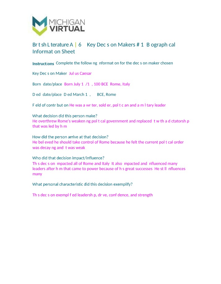 Biographical Information Sheet for Julius Caesar