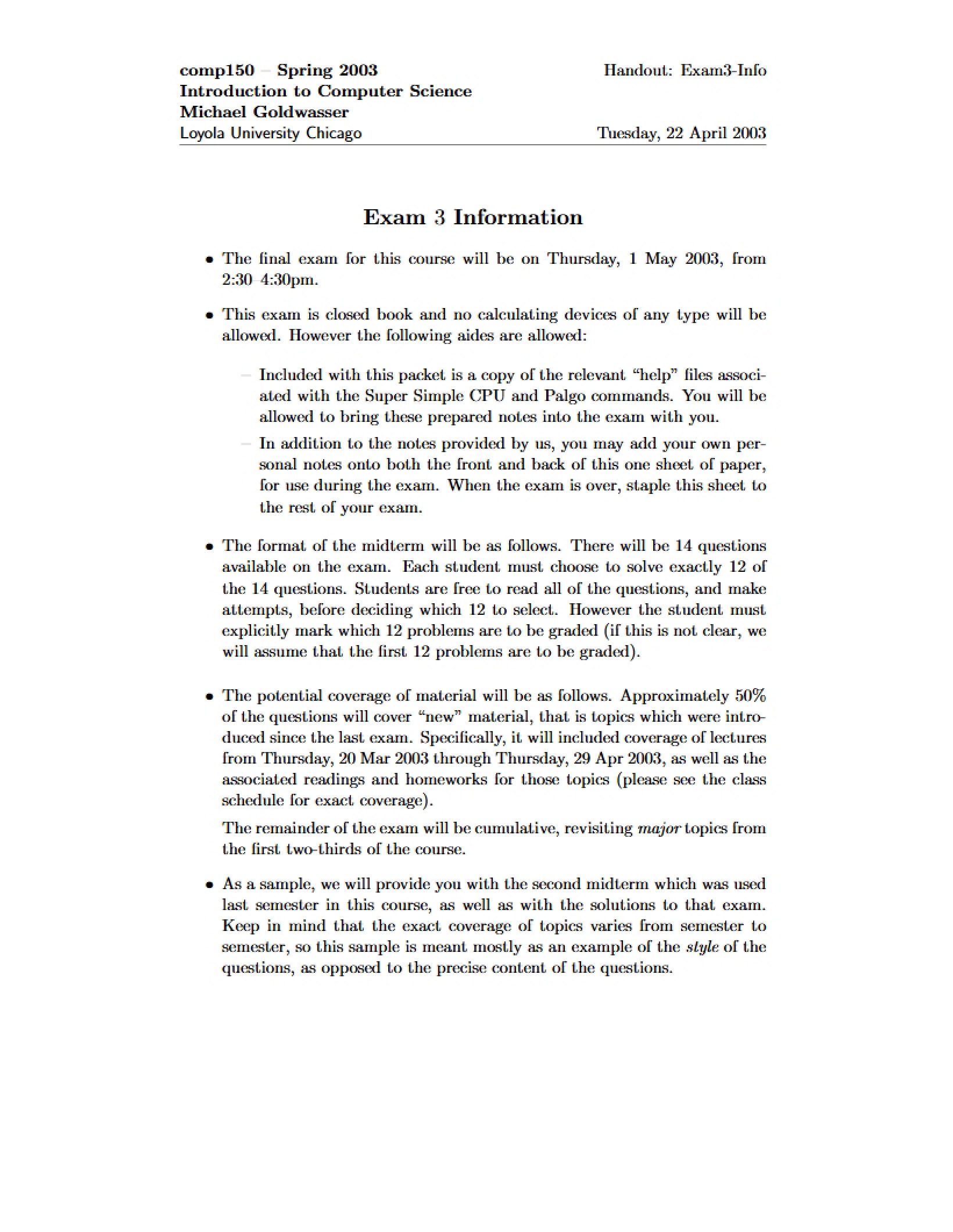 Exam 3 Info CS Intro
