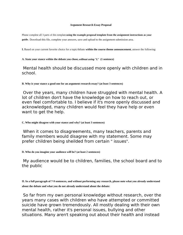 Proposal for Argument Research Essay on Mental Health in Schools and with Children