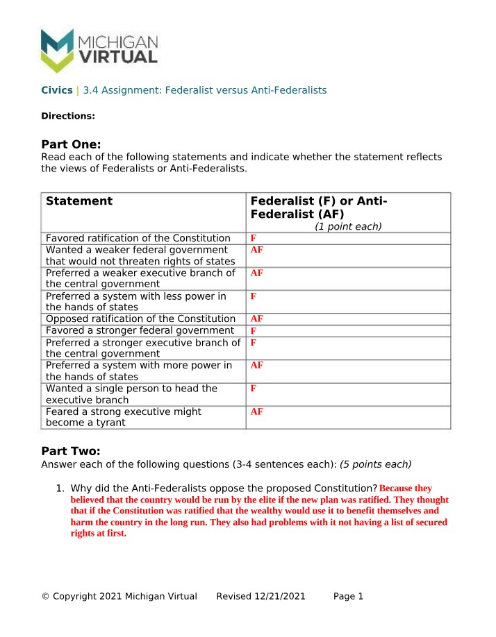 Federalist vs Anti-Federalists Assignment Key