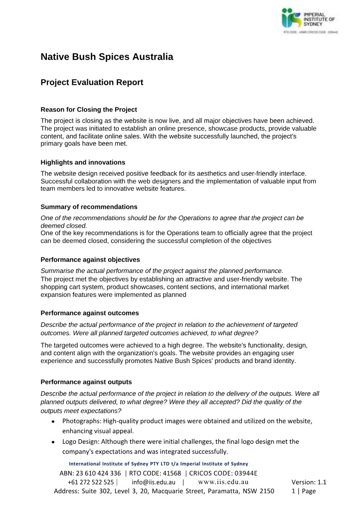 Native Bush Spices Australia - Project Evaluation