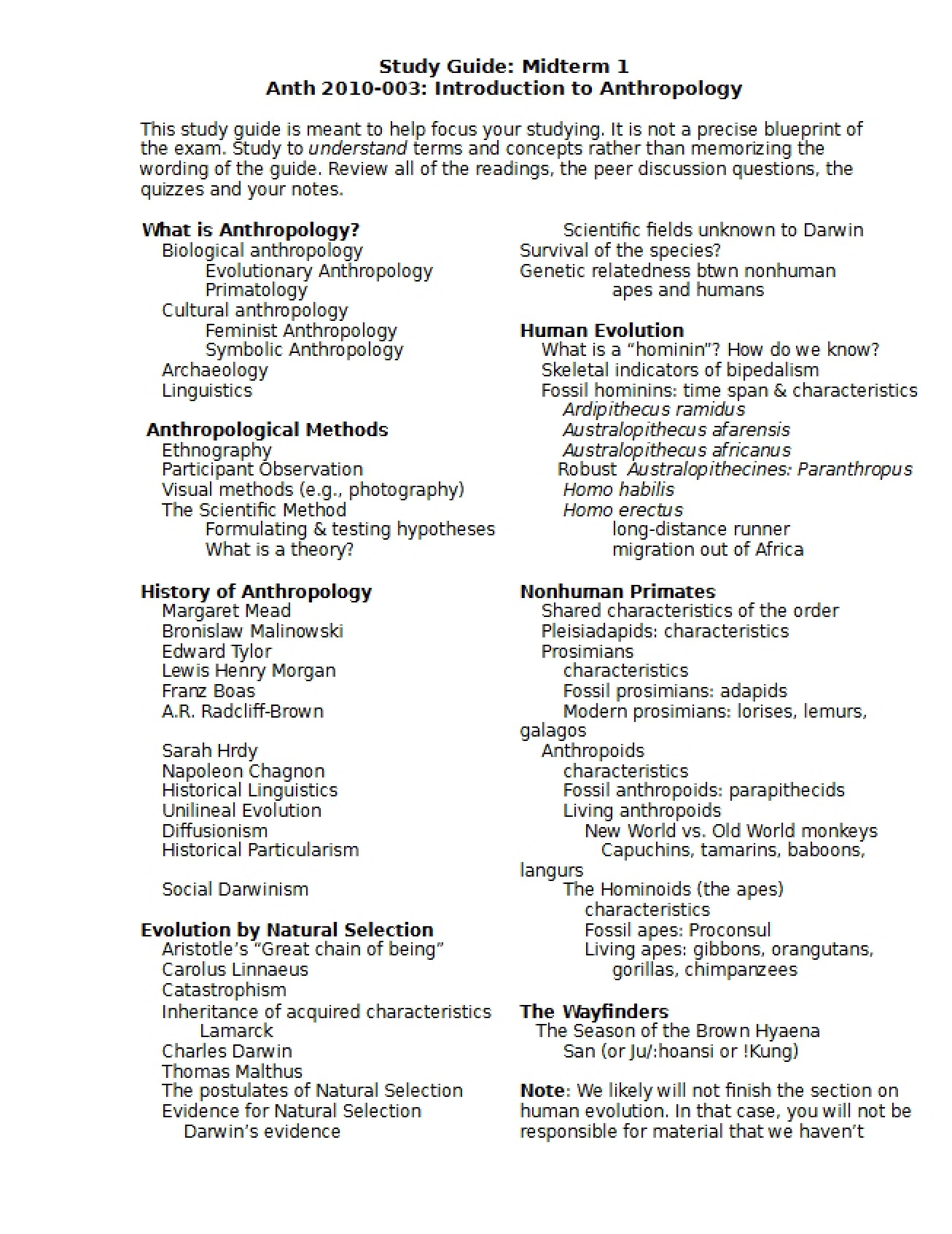 Midterm One Study Guide (Spring 2015)