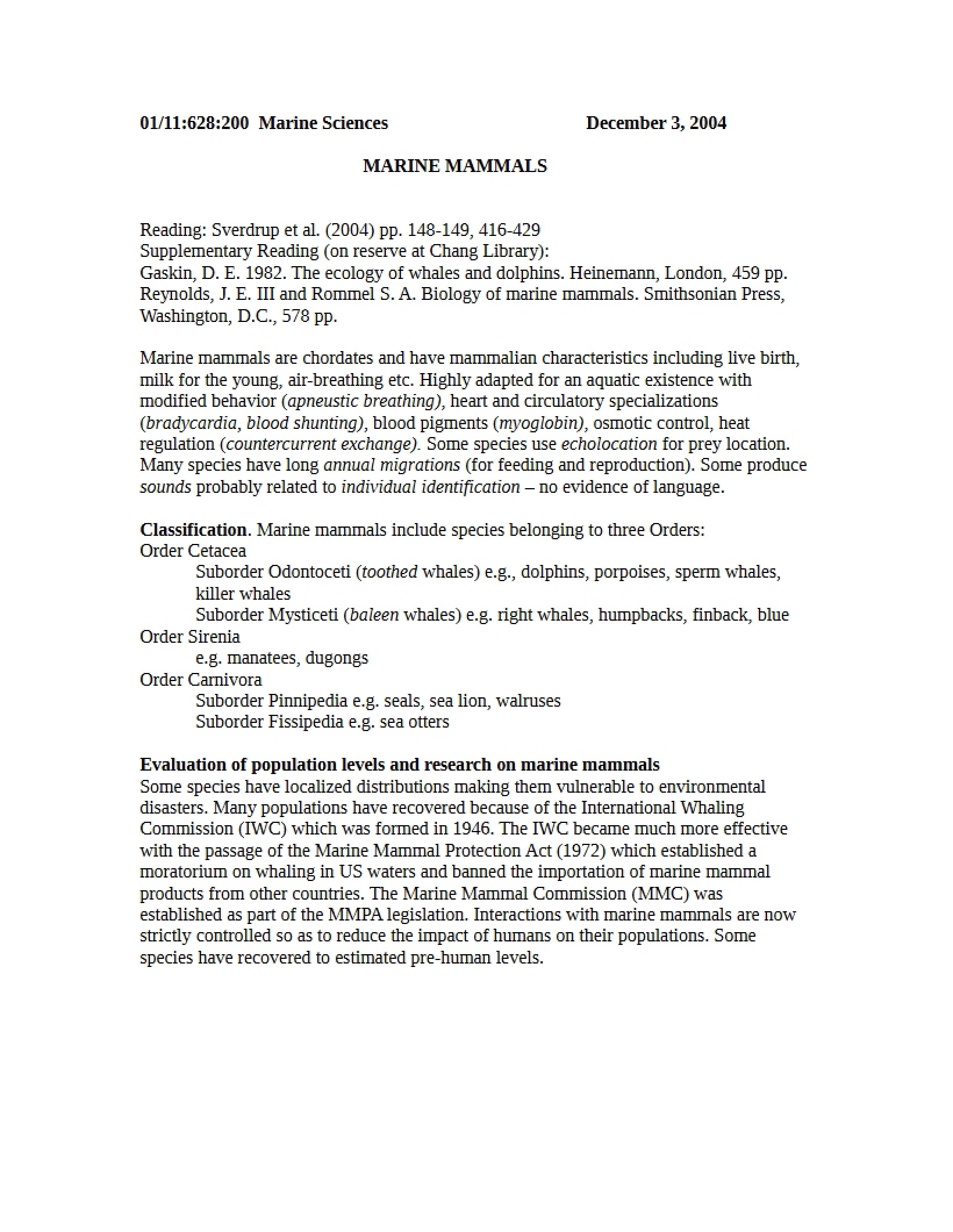Mammals of the Marine Environment