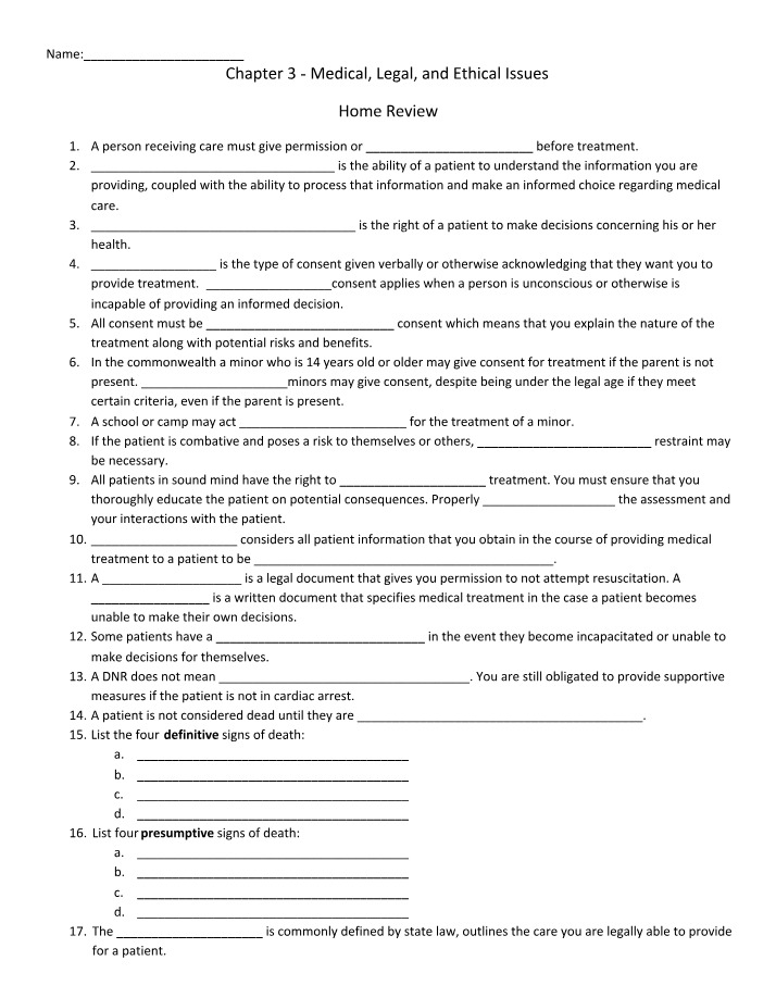 Medical, Legal, and Ethical Issues - Chapter 3 Home Review