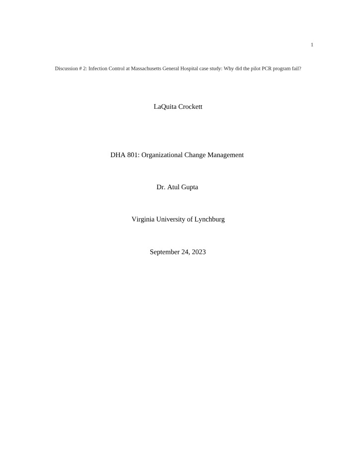 DHA801 Case Study - Infection Control