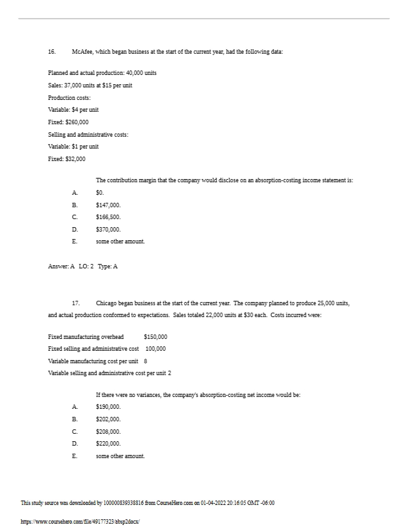 Examination for Principles of Accounting