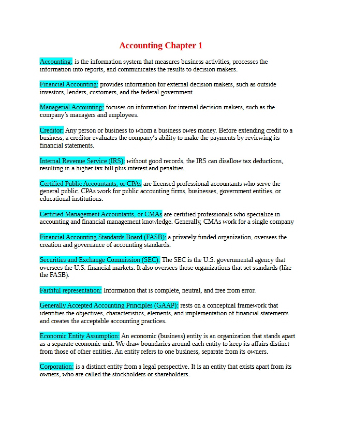 Notes for an Introductory Accounting Course