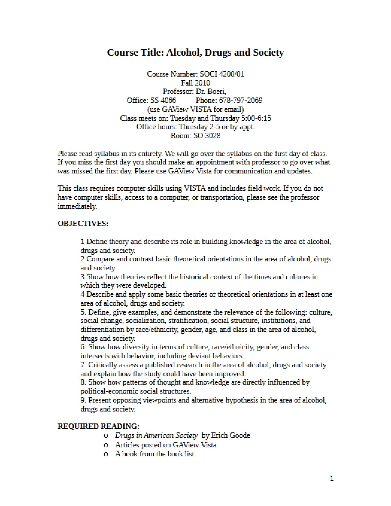 Course Requirements for Alcohol, Drugs, and Society