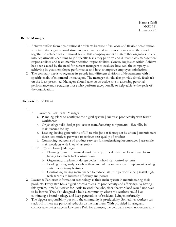 Achieva Organizational Problems - Improving Efficiency