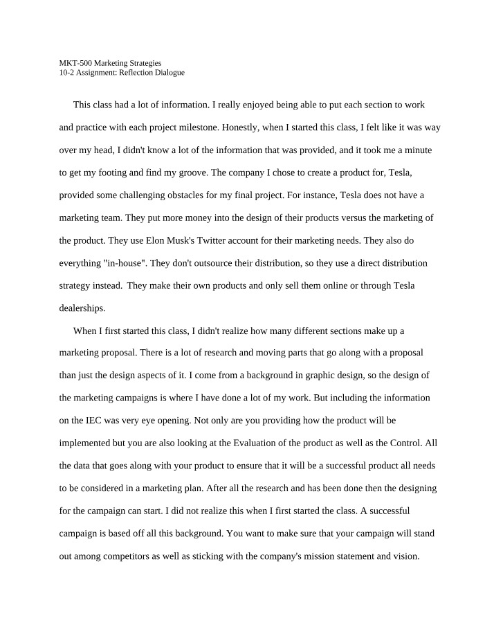 Reflection - Strategic Marketing Plans and Implementation