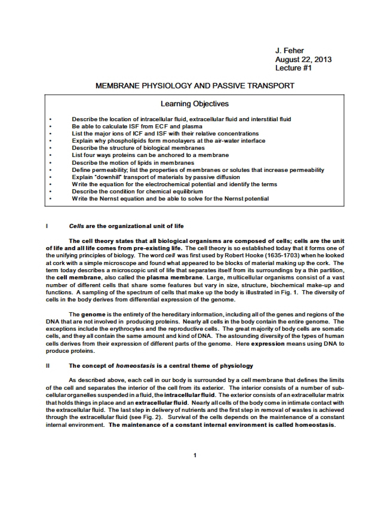 Lecture 1 Cell Membrane Physiology and Passive Transport