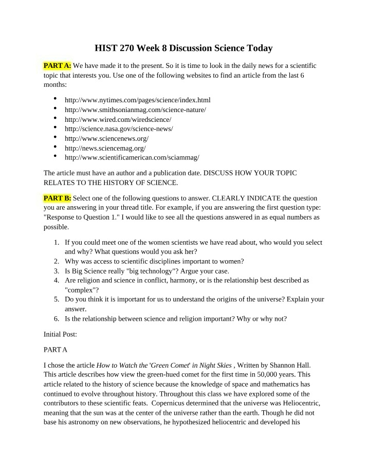 Week 8 Discussion - Science Today (HIST 270)