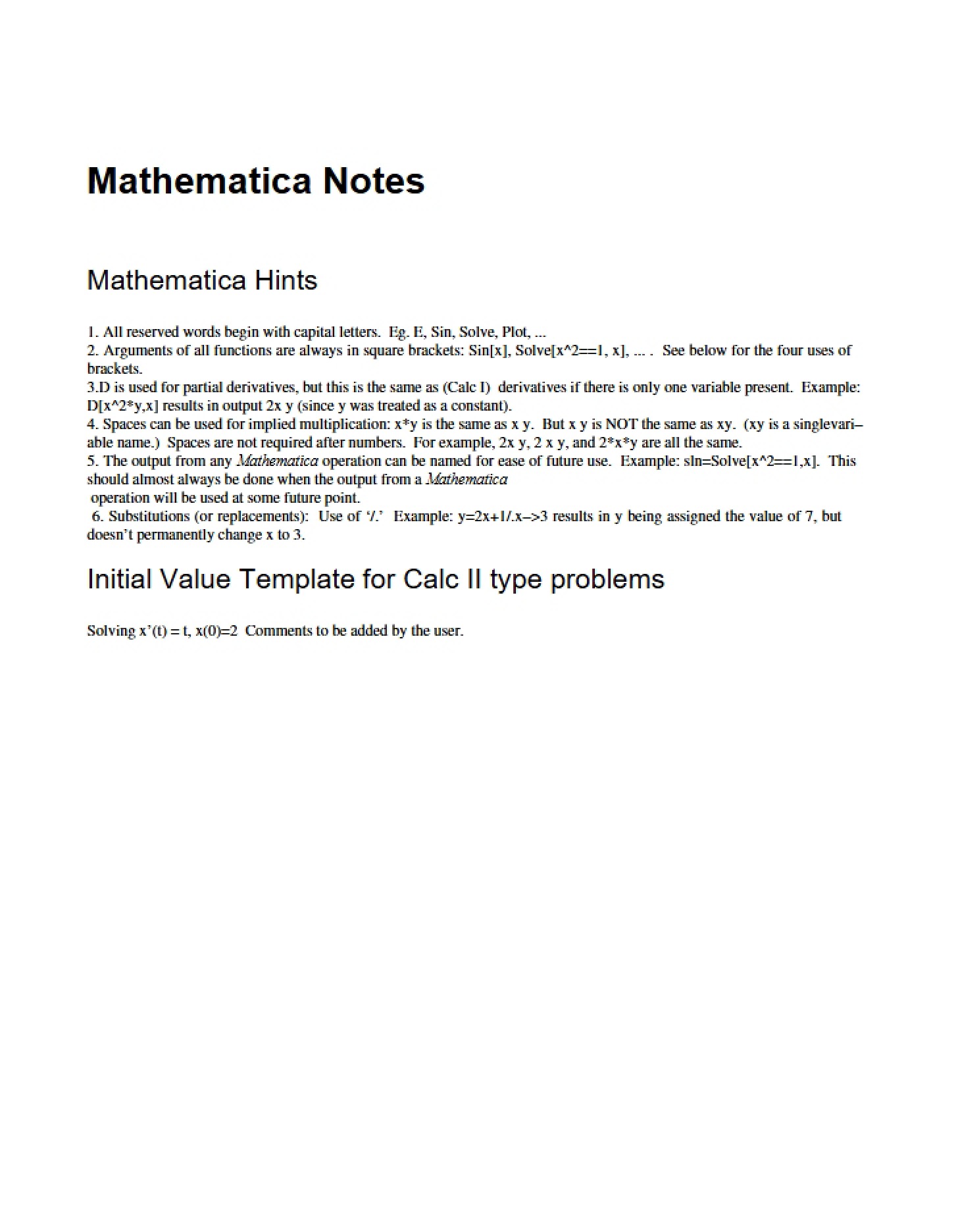 Notes on Mathematica