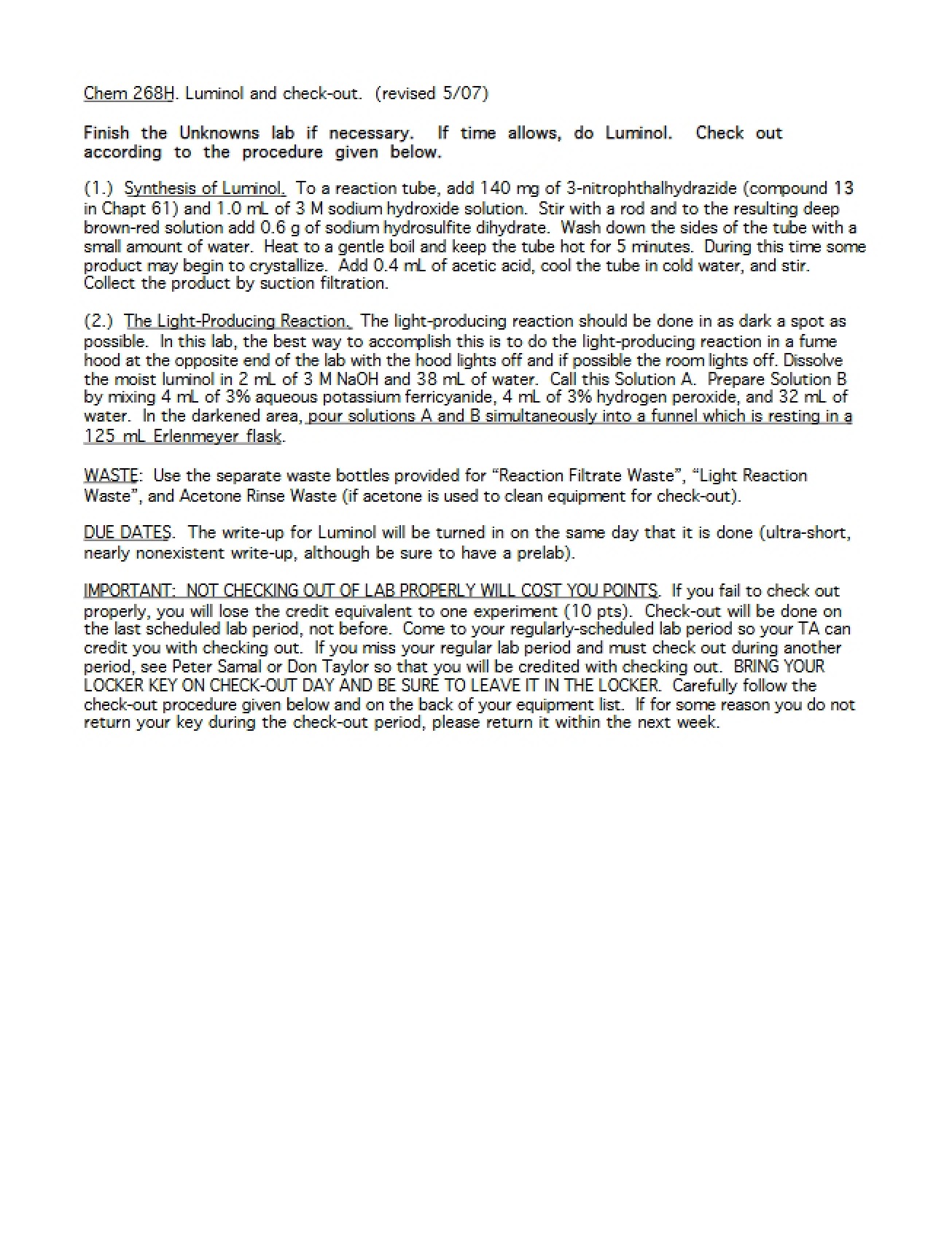 Check-out Procedures and Luminol Experiment