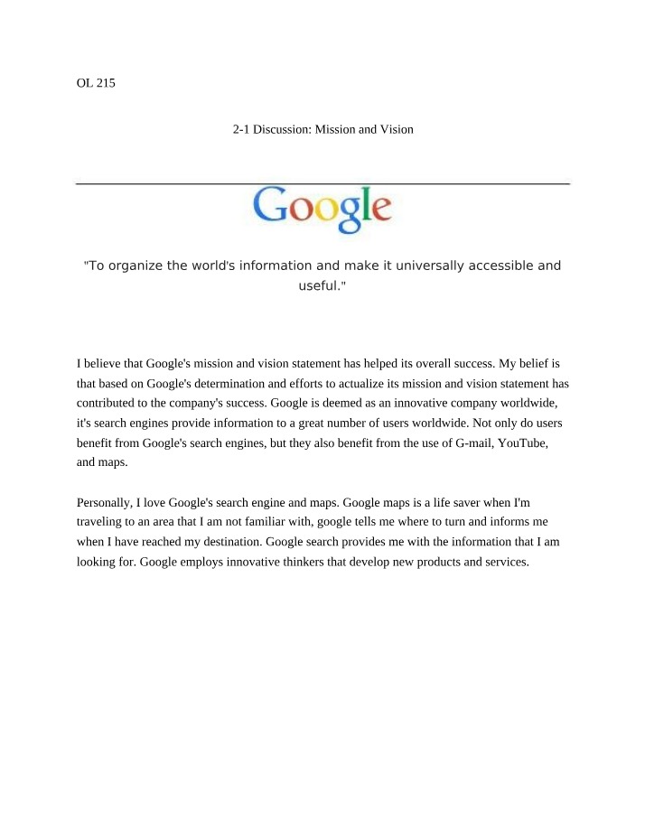 Google Success through Mission and Vision