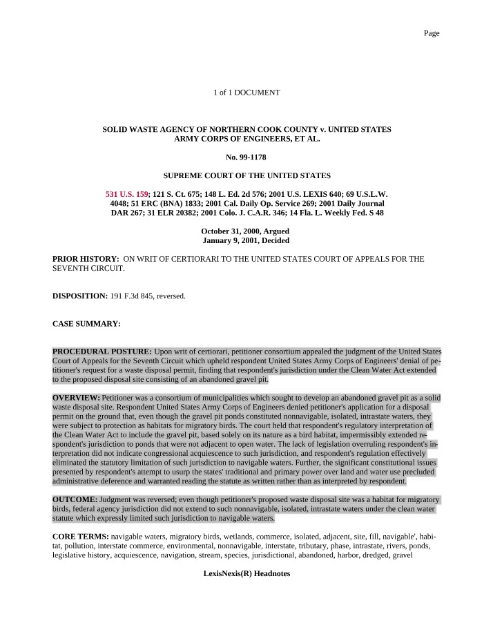 Solid Waste Agency v. United States Army Corps of Engineers - US Supreme Court Case