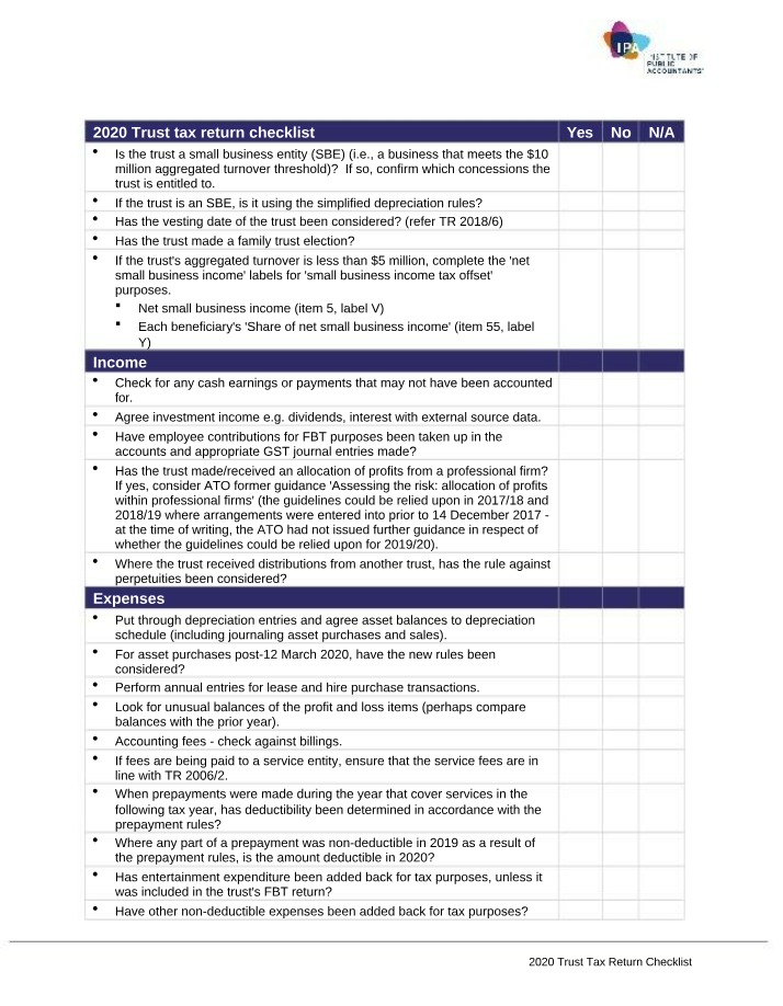 Trust Tax Return Checklist for Small Business Entities (2020)